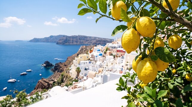 Fresh yellow lemons hanging from a branch against a blurred Mediterranean sea background