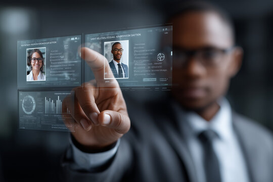  AI recruitment system showing holographic candidate profiles and hiring analytics.

