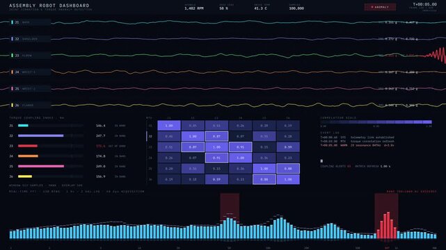 The advanced assembly robot dashboard showcases joint vibration and torque anomaly detection with dynamic visualizations and colorful waveform displays for real-time analysis.
