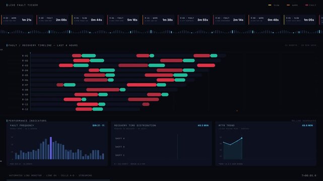 Automated line dashboard displaying robot faults and recovery times in a visually engaging format with color-coded fault indicators and animated data visualizations.