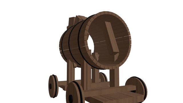 A majestic, highly detailed seamless 360-degree 3D turntable animation of a realistic wooden Trojan Horse siege engine isolated on a clean white daylight background with no shadows or particles.