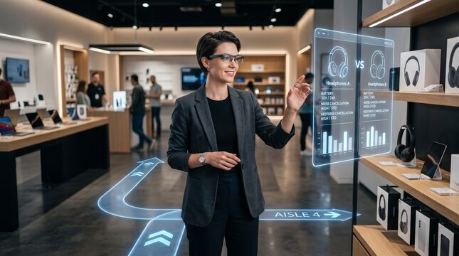 Woman using AR smart glasses for shopping and navigation in tech store