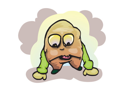 A humorous cartoon vector illustration of a tired beige monster character leaning forward with big expressive eyes and green sleeves