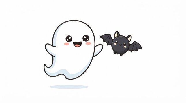Cute cartoon ghost and little bat flying together for a happy halloween celebration