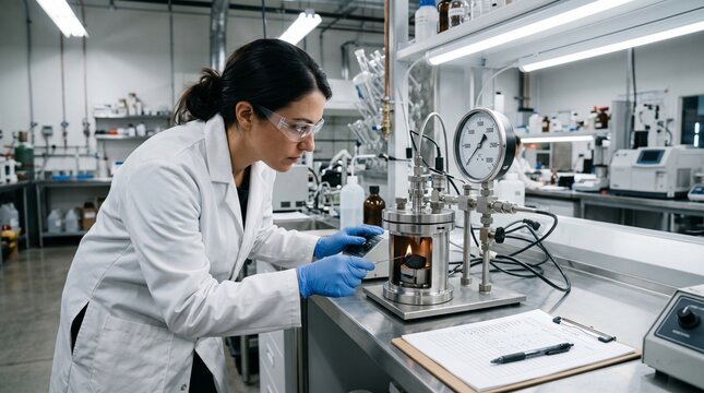 Female Scientist Conducting Combustion Experiment in Lab