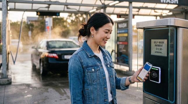 Woman Paying with Smartphone at Self Service Car Wash
