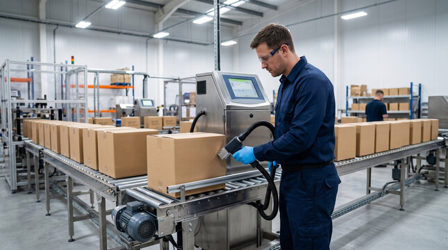Factory worker labeling cardboard boxes on a conveyor line