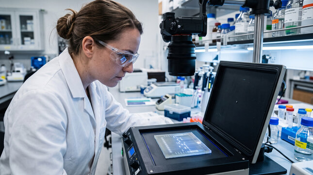 Female Scientist Examining Electrophoresis Gel in Laboratory