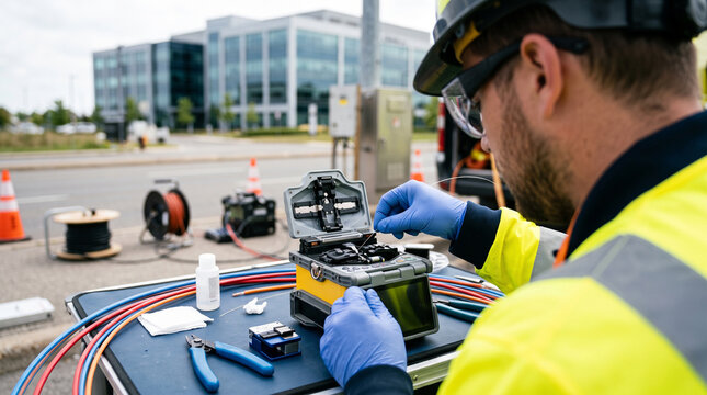 Technician Splicing Fiber Optic Cable Outdoors
