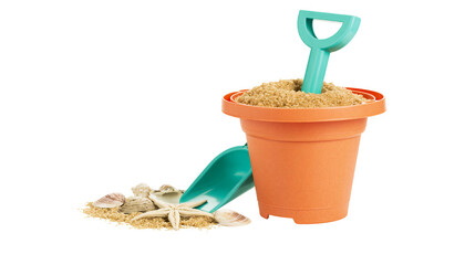 Orange plastic sand bucket with teal shovel and seashells on sand © Tibor