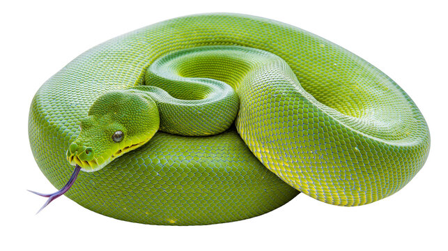 Coiled green tree python with scales and purple tongue flicking out