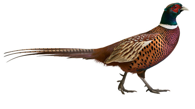 Common pheasant male with vibrant iridescent plumage and long pointed tail feathers