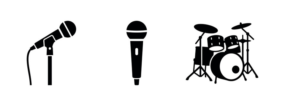 Music instrument icons set featuring microphones and drum kit in black and white