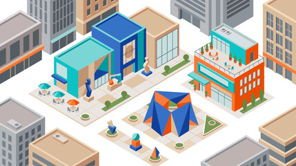 Fototapeta premium Isometric vector illustration of a contemporary urban city center with colorful modern buildings, outdoor cafe seating, minimalist sculptures, and green spaces in a clean architectural layout
