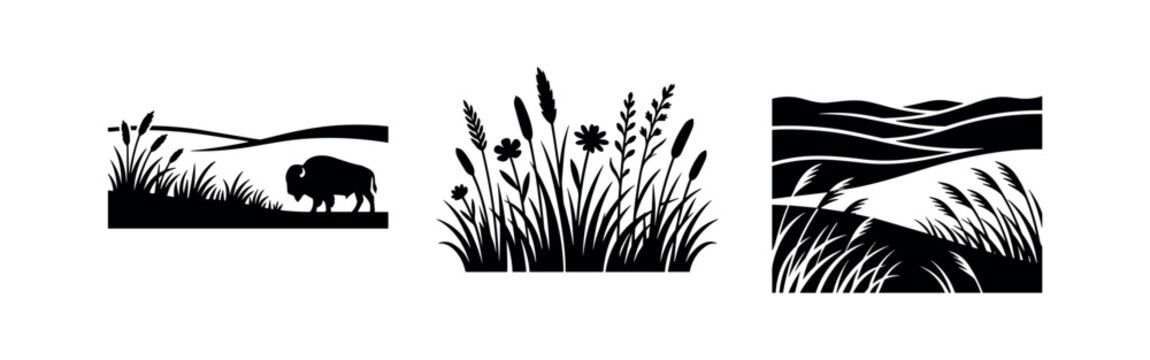 Nature landscape icons featuring bison and wild grass in black and white