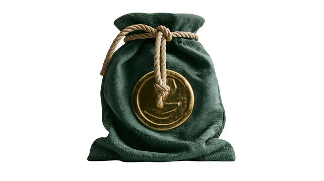Dark green canvas drawstring pouch with a large golden metal coin seal