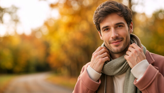 Close up portrait of a smiling young man adjusting his scarf in an autumn park. Handsome male wearing a coat with blurred fall foliage background