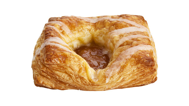 Golden flaky square danish pastry with apricot fruit jam filling and sugar glaze