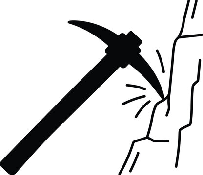 Mining pickaxe icon, stone wall tool, black vector silhouette
