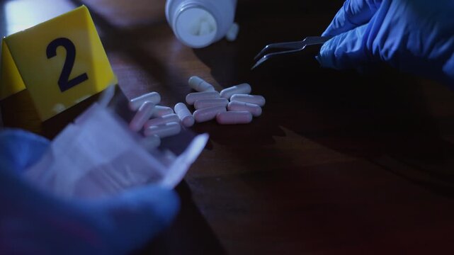 Crime scene evidence, gloved hands using tweezers to bag a white capsule near a yellow marker under window frame shadows and police lights, tense mood, slow zoom in.