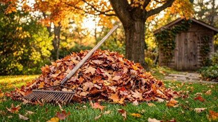 Fototapeta premium Wooden rake leaning against a large pile of colorful autumn leaves in a backyard garden.