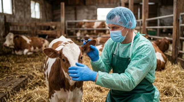 A veterinarian in protective gear and mask examines a cow in a barn for animal healthcare.