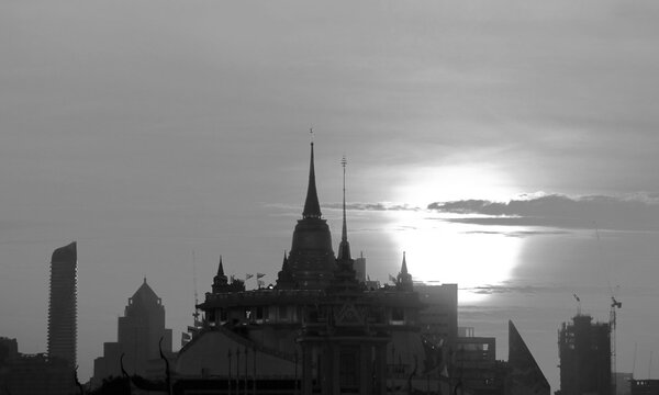 Light and Shadow of the Bangkok's Iconic Golden Mount (Chedi Phu Khao Thong) of Wat Saket Temple at Dawn, Thailand