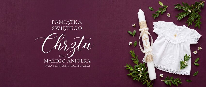 Holy Baptism Candle Szatka Dress layflat on plum background with Polish text template for christening ceremony keepsake card invitation banner mockup for baby girl or boy religious sacrament event