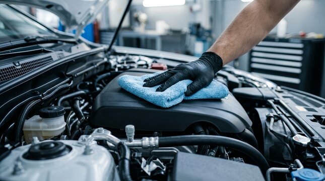 Professional auto detailing showing a hand in a black glove cleaning a car engine cover with a blue microfiber cloth.