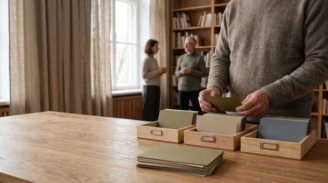 Leaders sort decision cards in a quiet project library