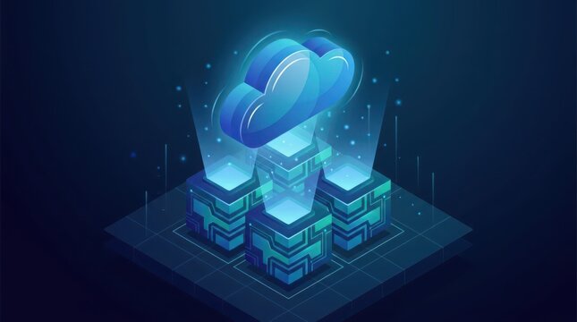 Modern illustration showing cloud computing infrastructure with glowing servers and network connections