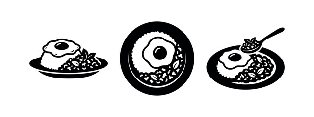 Fototapeta premium Fried Egg and Rice Icons Set. Classic Breakfast or Meal Dish Symbol Vector Illustration.