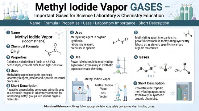  Methyl iodide vapor gas laboratory reference chart highlighting formula CH3I, iodomethane structure, methylation reagent uses, alkyl iodide properties, volatility, toxicity concerns, and safety handl