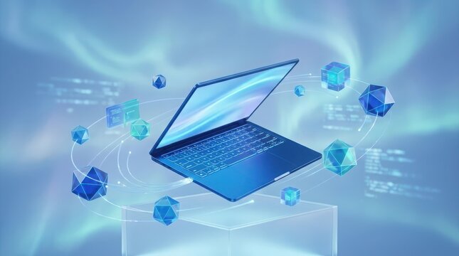 Modern laptop connected with floating digital network cubes illustration