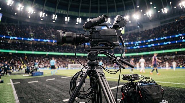 Professional broadcast camera capturing a live night match at a stadium field level