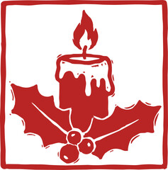 Naklejka premium Red christmas candle with holly in naive illustration style