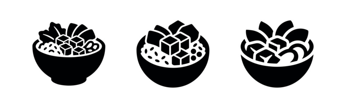 Pok&eacute; Bowl and Salad Icons Set. Healthy Hawaiian or Vegan Meal Symbol Vector Illustration.
