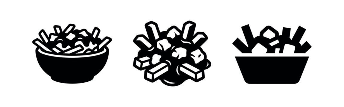 Poutine and French Fries Icons Set. Delicious Canadian comfort food vector illustrations with gravy and cheese.