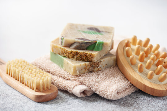 Aromatic Natural Soap. Different Handmade soap bars  on table. No plastic concept