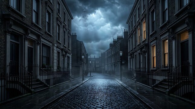 Dark moody victorian street at night