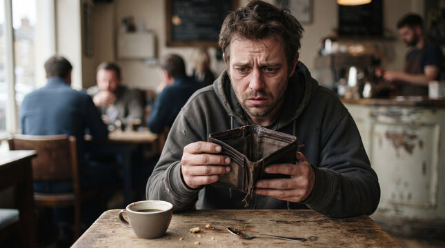Distressed Man Looking at Empty Wallet in Cafe