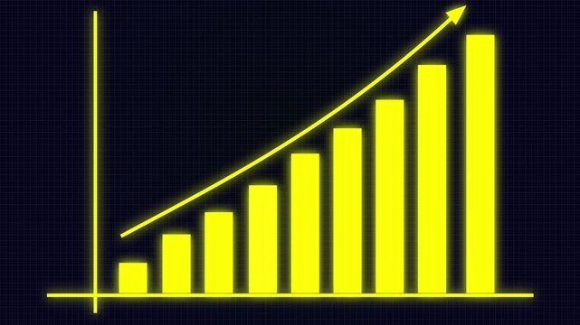 A digital Bright Neon Yellow chart representing growing business performance, futuristic style. animated  graph steadily increasing on a pure  background, thin yellow arrow slide