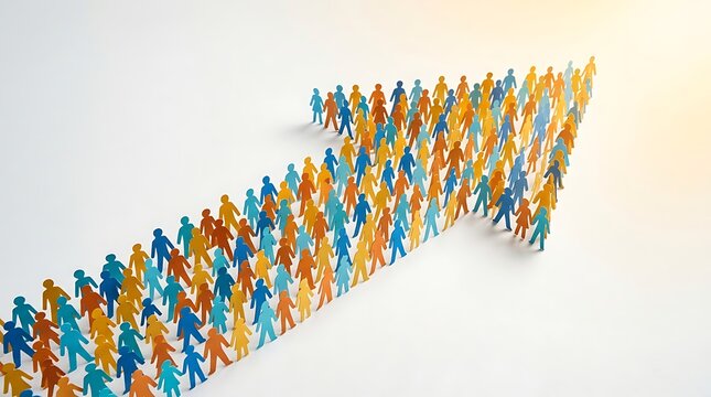 Group of paper people forming an arrow