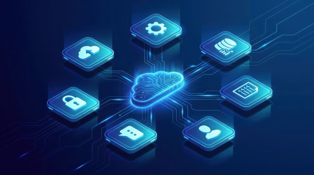 Modern technology icons connected through cloud network system illustration