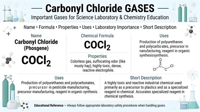 Carbonyl chloride gas laboratory chemistry reference chart presenting formula COCl2, phosgene identity, molecular structure, acyl chloride production uses, extreme toxicity, pulmonary hazards, and saf