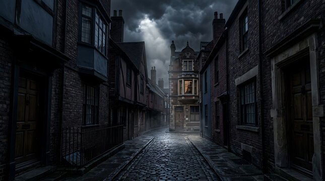 Dark atmospheric narrow street in victorian london