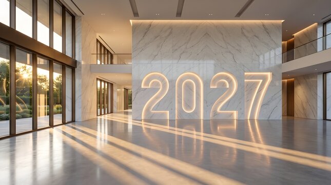 Striking Contemporary Museum Interior with Sunbeams and 2027 Mural