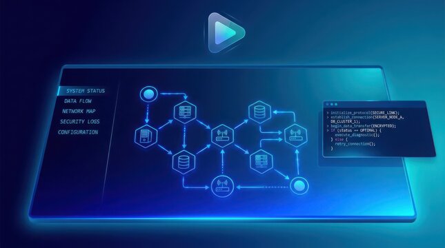 Modern network system displaying data flow and security log connections