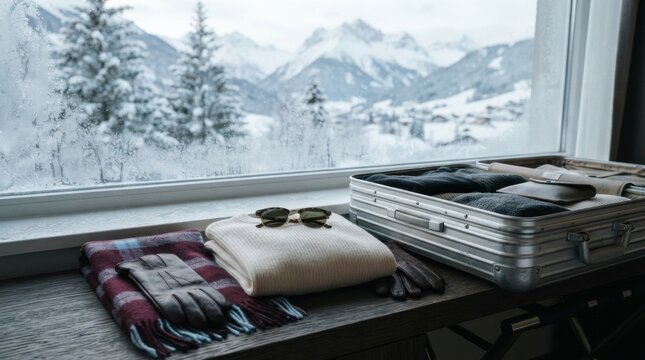 Open metal suitcase packed for travel with winter mountain view from hotel window
