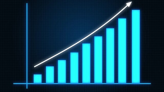 A digital Neon Cyan Blue chart representing growing business performance, futuristic style. animated  graph steadily increasing on a pure  background, thin white arrow slide